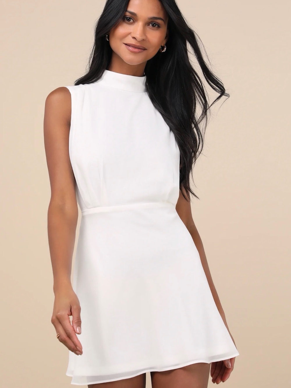 Classic Elegance White Chiffon Sleeveless Mock Neck Mini Dress